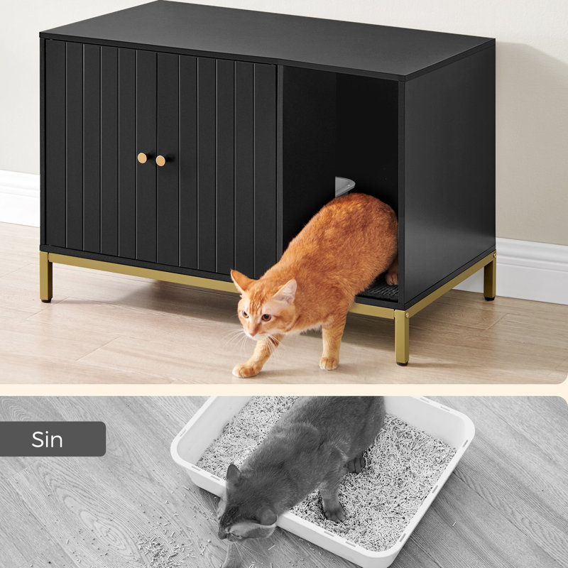 Black and Gold Modern Cat Litter Box Enclosure with Scratching Mat