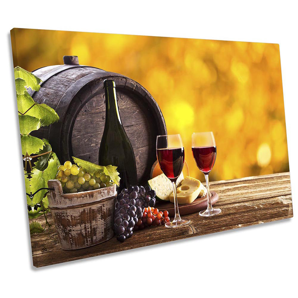 Wine Barrel Glasses Grapes CANVAS WALL ART Print Picture Orange