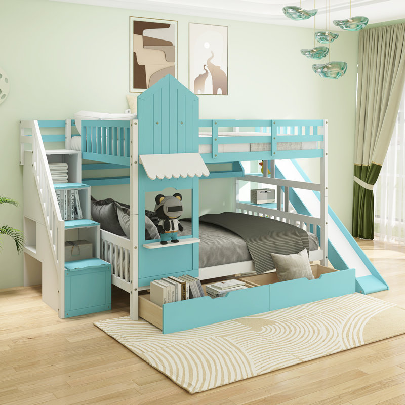 Lit superposé double de style château double, Bleu, Lit superposé double sur double