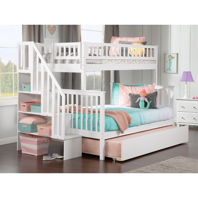 Ilariana Wood Bunk Bed with Staircase and Trundle, White, Twin Over Full
