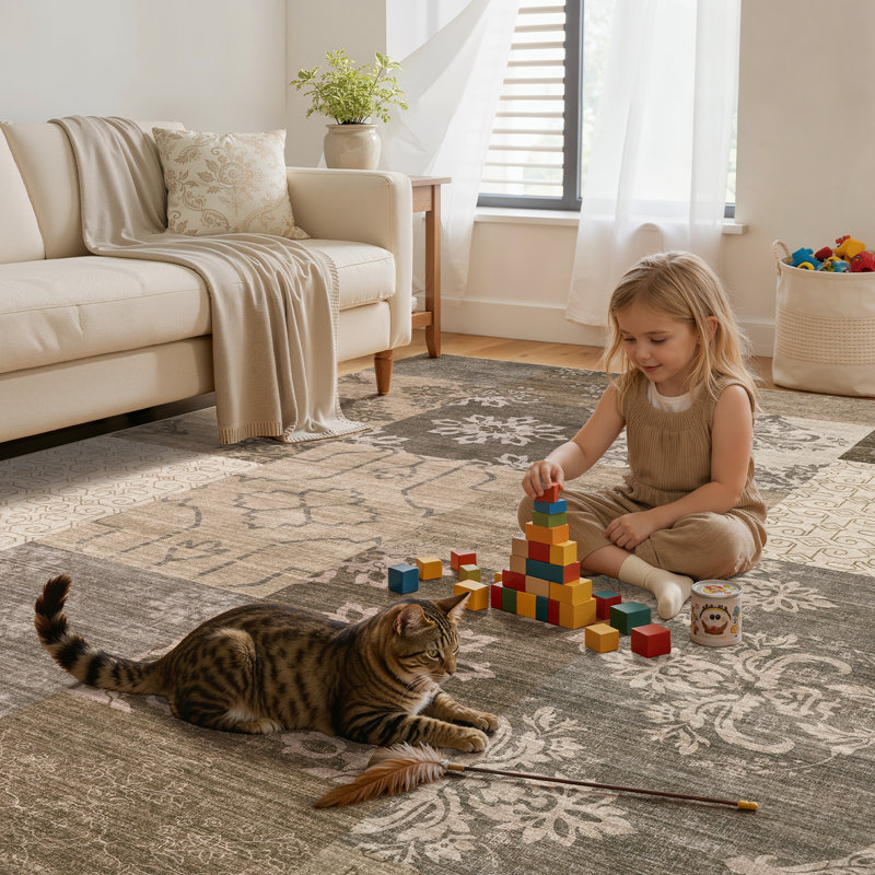 Faux Patchwork Abstract Geometric Area Rug – Washable Low-Pile Carpet for Living Room, Rectangle 8' x 10'