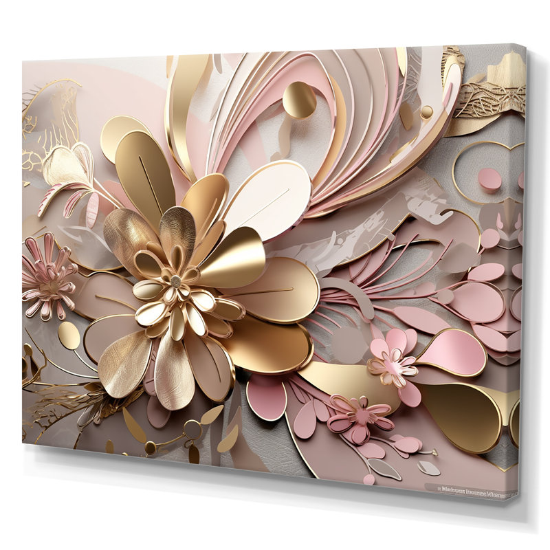 Art sur toile, liquide et or, effervescence florale rose, H 24 po x l 32 po, Sans cadre, Toile tendue