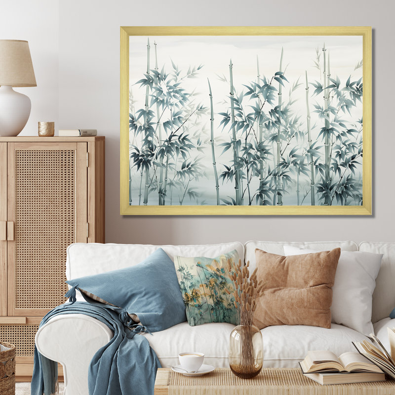 Gris et vert bambou tranquillité I - art mural Chine, Cadre d'angle fermé noir, H 34 po x l 44 po x P 1,5 po