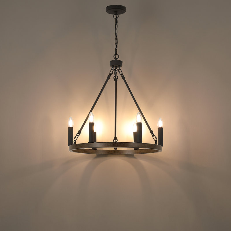 6-Lights Waggon Wheel Chandelier Ceiling Lights, Walnut