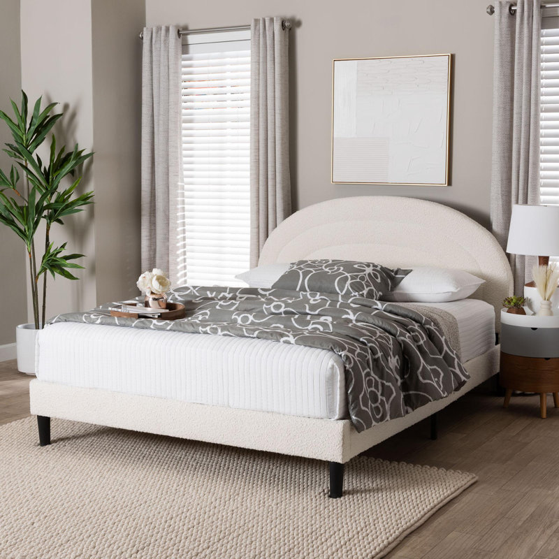 Baxton Studio Pelagia Boucle Upholstered Platform Bed – Soft Fabric Queen Size Bed Frame With Padded Headboard, Minimalist Design, Cream