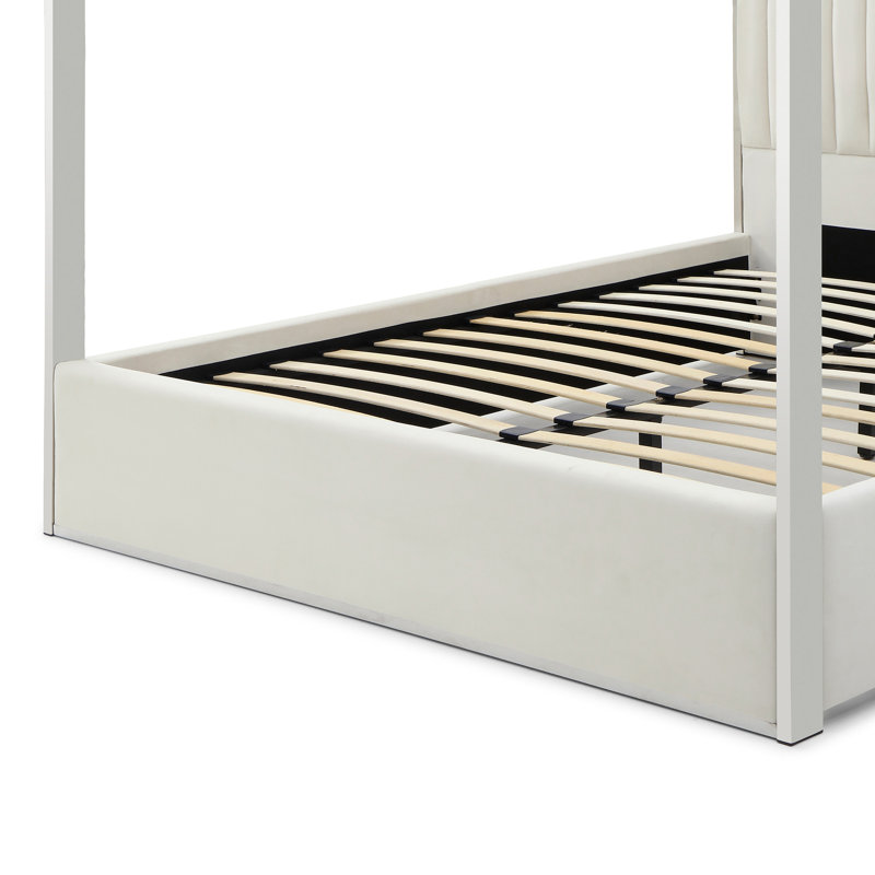 Jeffrey Canopy Velvet Upholstered King Bed Frame In Cream, Cream, King