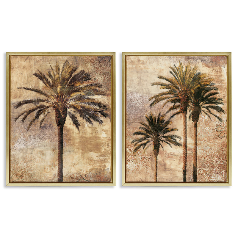 Ensemble de 2 feuilles flottantes Arching Palm Leaves par John Seba, H 21 po x l 17 po, Cadre flottant métallique doré
