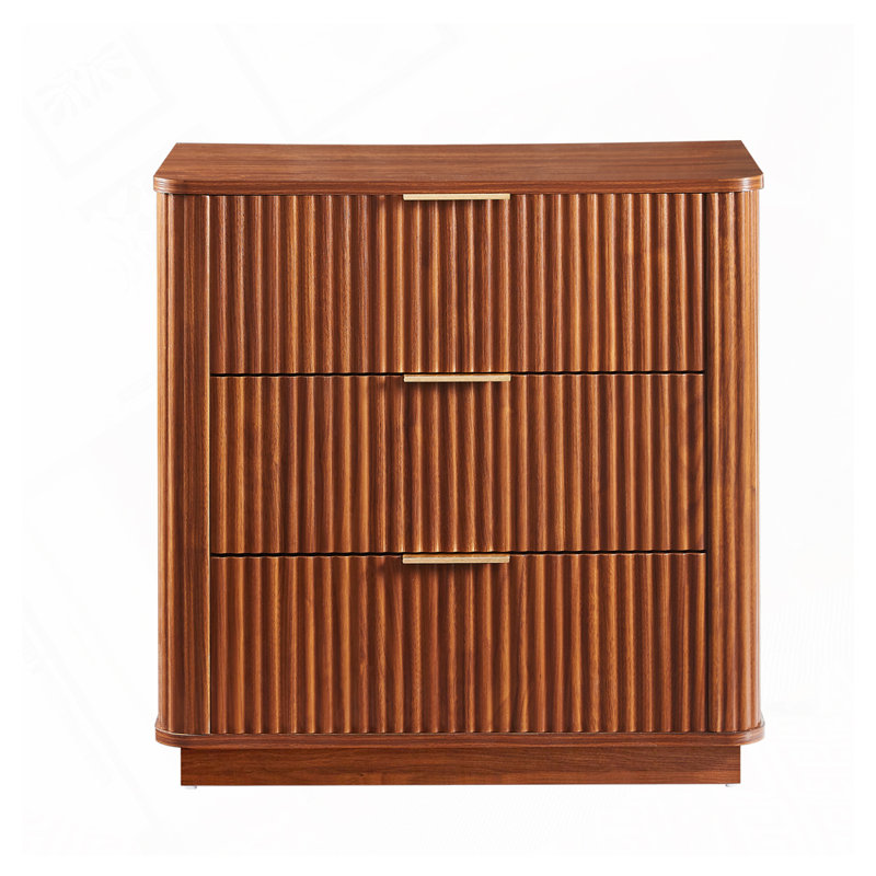 Wavy Design Storage Chest with 3 Drawers, Walnut