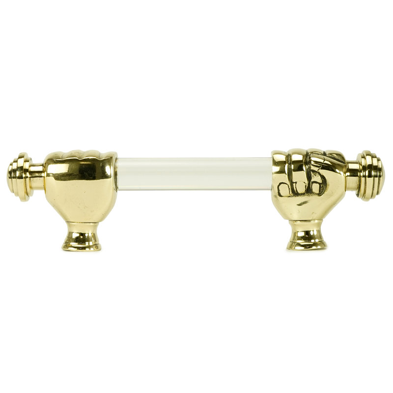 Carpe Diem Fist satin brass extra large fist 5 inch center to center pull, 3/4 inch acrylic bar in finish Satin Brass