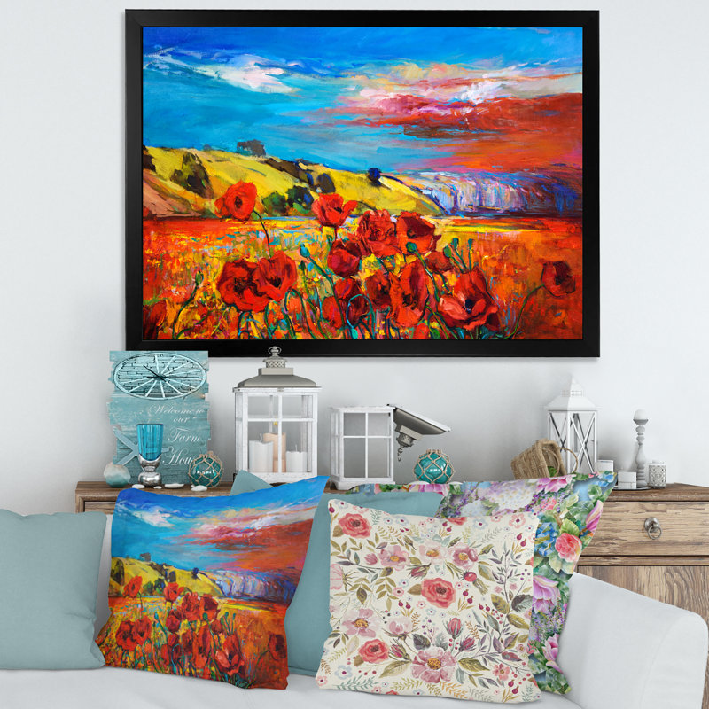 «Blossom Red Poppy Fieldsunder a Blue Sky», peinture sur toile, H 30 po x l 40 po x 1,5 po, Cadre photo noir