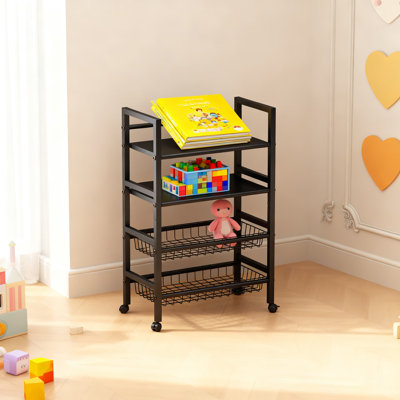 4-Tier Rolling Metal Storage Cart With Removable Grid Basket And Locking Wheels, Mobile Organizer Utility Cart For Kitchen Pantry Office Bathroom Organization