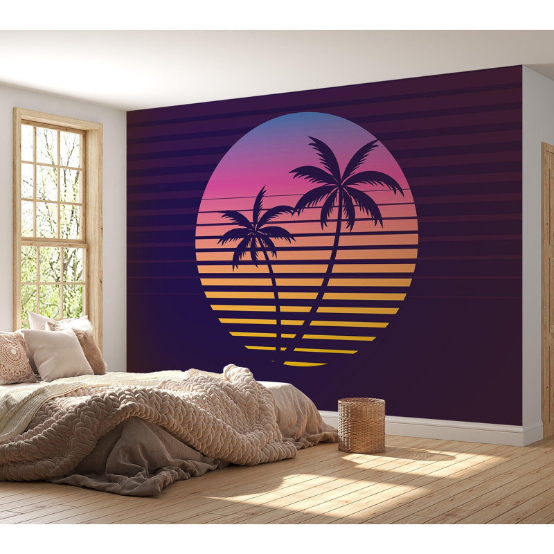 Papier peint de qualité supérieure - Palmiers rétro au coucher du soleil, L 96 po x l 120 po