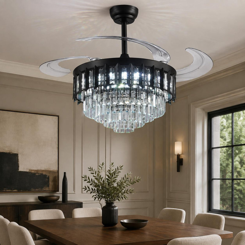 Ventilateur de plafond 48 "rétractable en cristal avec lumières DEL et télécommande, Black