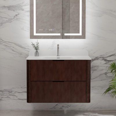 30" Modern Fluted Wall Mounted Bathroom Vanity with Integrated Acrylic Sink + 2 Soft-Close Drawers