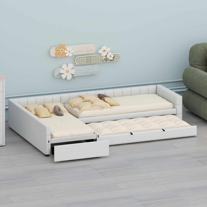 Innovative L-Shaped Upholstered Double Daybed Featuring a Convenient Pull-Out Trundle and Hidden Drawer Storage, Beige