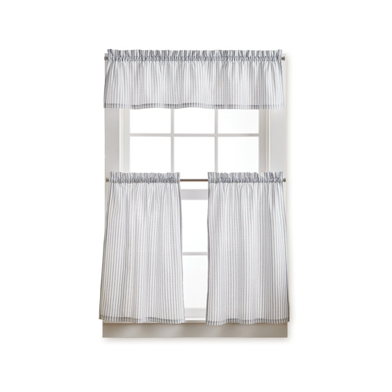 Indigo Ticking Stripe Cotton Blend Valance and Tier Curtain Set
