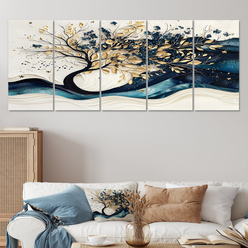 Ensemble de salon art mural bleu et blanc avec fleurs de cerisier modernes I, H 28 po x l 60 po
