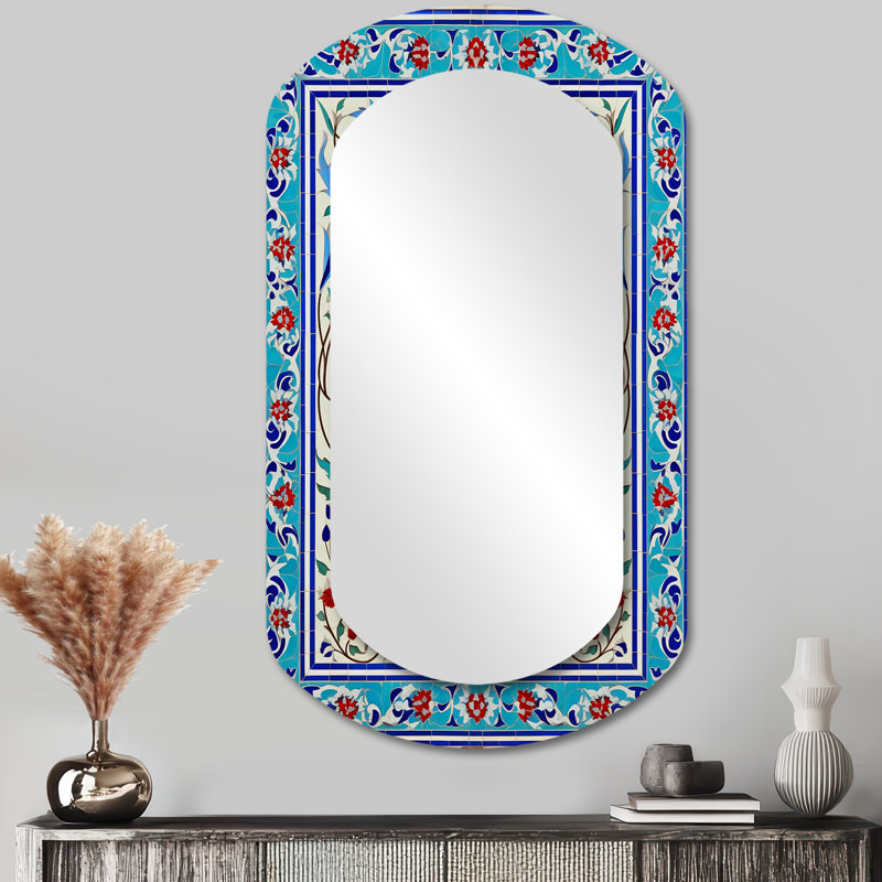 Dorr Blue Tile marocain porte III - miroir cylindrique à carreaux, miroir mural décoratif asymétrique bleu, 43 po x 23 po
