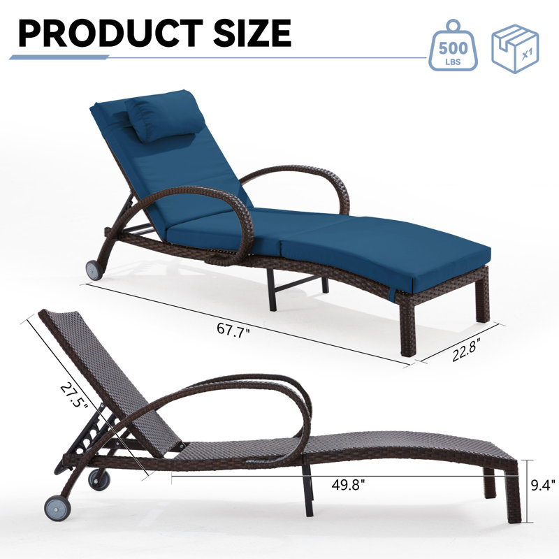 Patio Outdoor Lounge Chairs Set Of 2,Adjustable 5-Position Outdoor Chaise Lounge With Armrests & Wheels For Poolside, Backyard, Deck