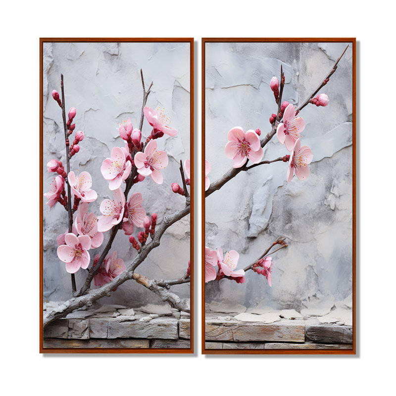 Fleurs de cerisier rose fin de l'hiver I - art mural rose, 40" H x 40" W, Impression encadrée flottante, Brown