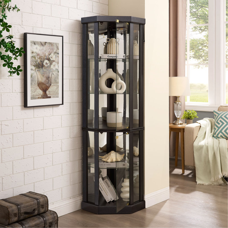 Lighted Corner Curio Cabinet - Elegant Glass Display Case For Living Room & Bar Storage -  For Antique Collections & Wine - Includes Built-In Lighting