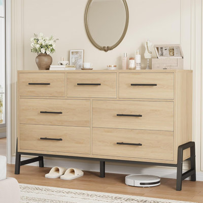 7 Dresser for Bedroom, 52" Wide Dresser, Wide Drawer Dresser with Storage Freestanding, Wooden Closet Dresser Storage Dresser Chest for Living Room, Bedroom, Entryway, Natural Oak