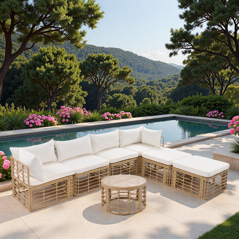 7 Pieces Outdoor Patio Rattan Sectional Sofa Set With Thick Cushions, Pillows, Hollow Woven Design And Adjustable Feet, Beige