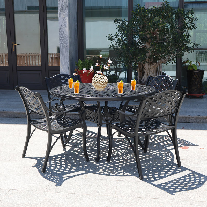 5 Piece Modern Outdoor Dining Set, Cast Aluminum Patio Table And Chairs, 48" Round Table With Umbrella Hole, Black, Black
