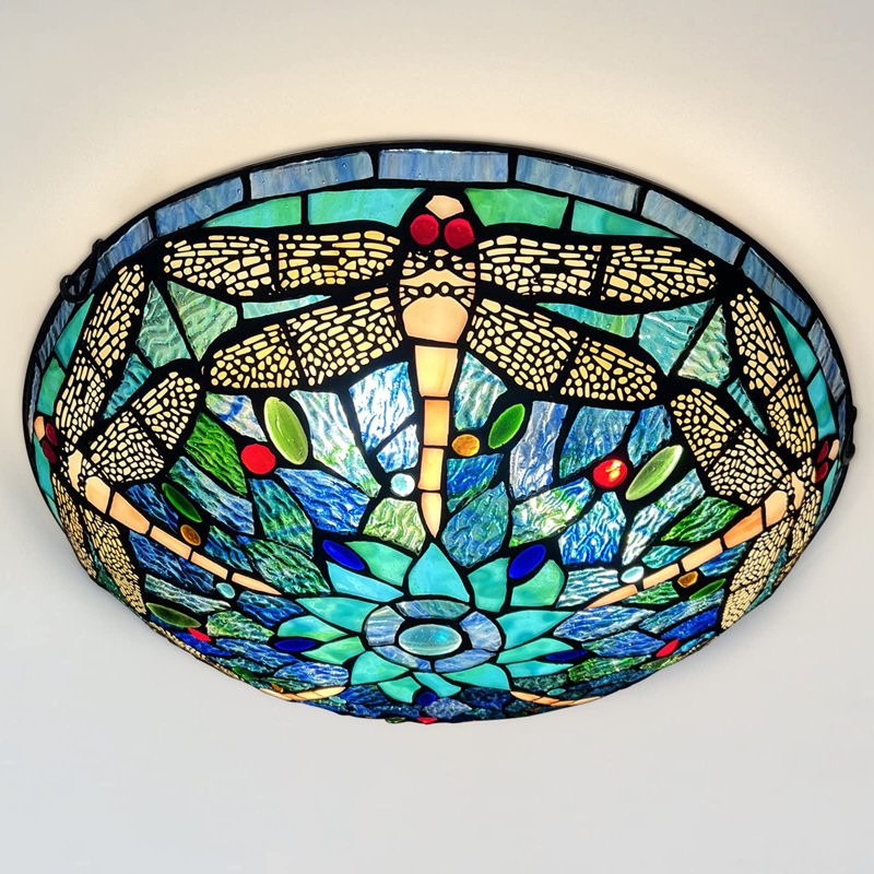 Bourbana 3-Light 16" Tiffany flush mount ceiling light, Green/Blue/Gold/Red