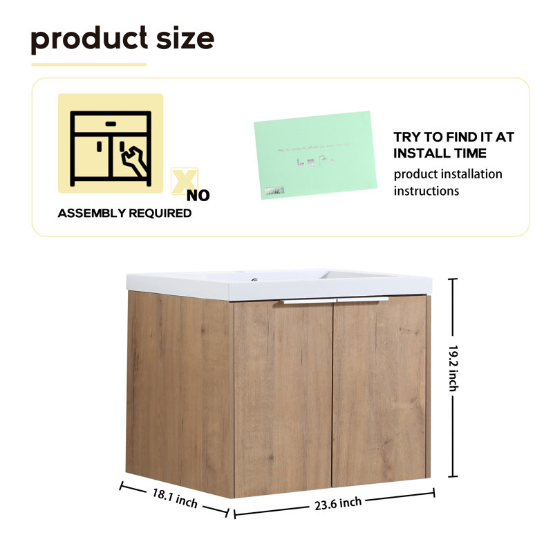 24" Single Sink Wall Mounted Bathroom Vanity,Floating Vanity With 2 Doors and White Resin Top