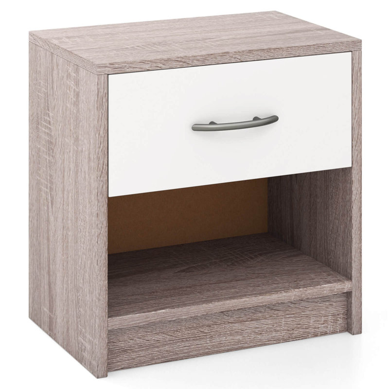 Modern Nightstand Bedside Table With Drawer Open Storage Shelf For Small Spaces, White/Gray