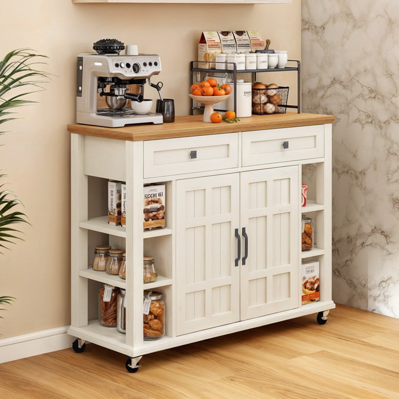 Rolling Kitchen Cart Island with 2 Drawers, Vintage White