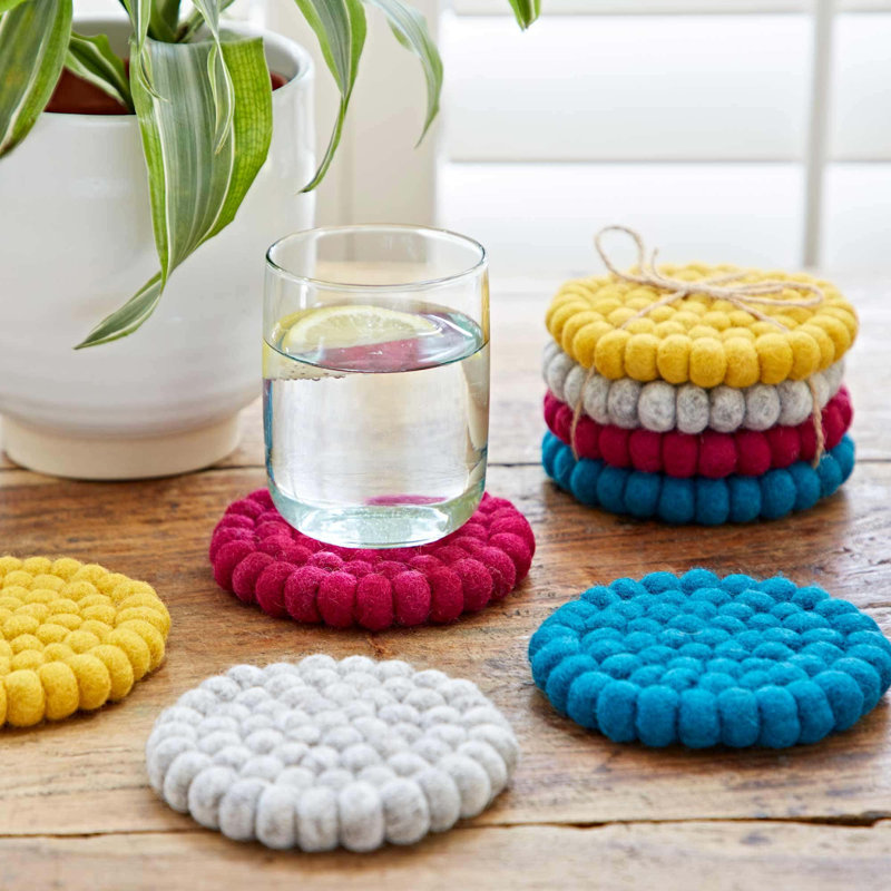 Handmade Felt Ball Coasters, Yellow/Grey/Red/Blue