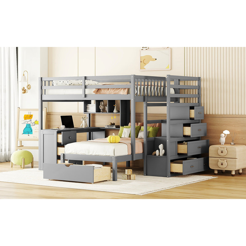 Lit double superposé double au-dessus d'un lit simple gris avec bureau fonctionnel et espace de rangement spacieux - Finition pour un sommeil confortable