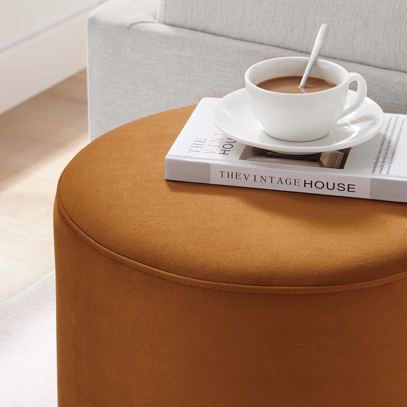 Tilden 16" Round Rust Velvet Upholstered Ottoman with Rubberwood Base