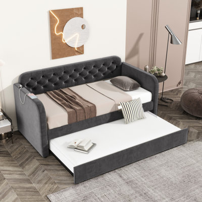 Lit de jour simple avec charge et couchette pliante - Revêtement en velours doux pour chambre à coucher Lit gris foncé