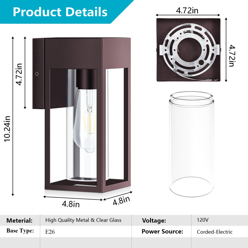 Outdoor Hardwired Wall Light Fixture, Exterior Porch Light With E26 Socket & Clear Glass Shade, Modern Wall Sconce For House Patio Garage Door