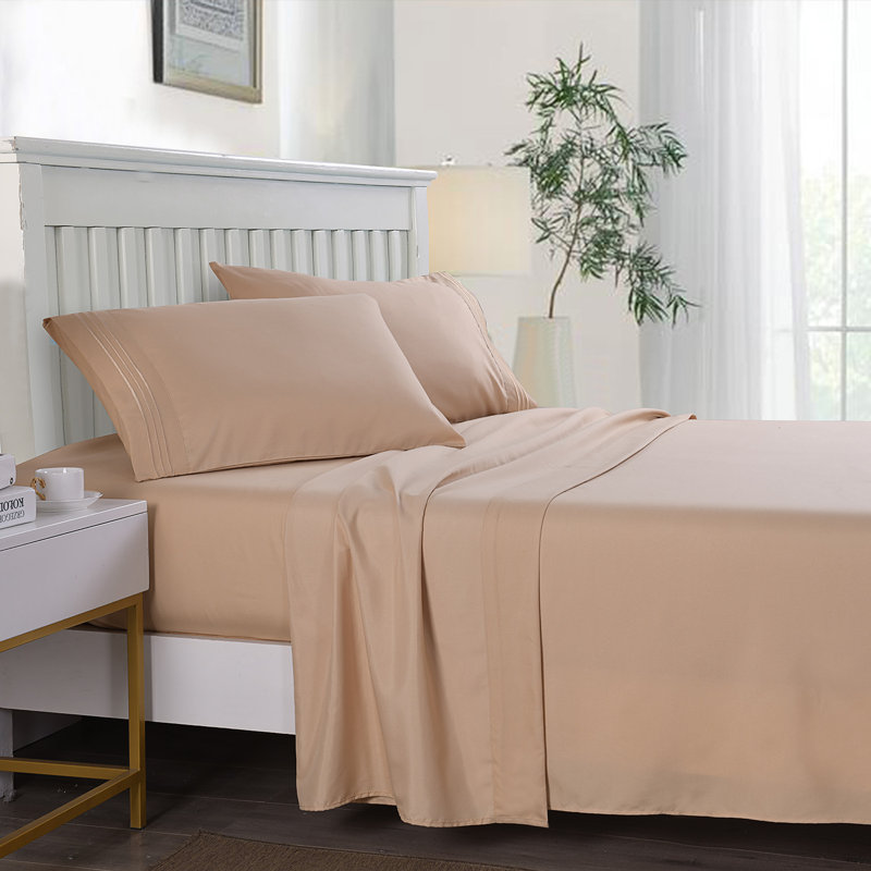 WF-BSS4-E Microfiber Sheet Set, Full Sheet Set + Fitted Sheet + 2 Pillowcases, Beige