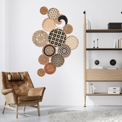 14 Boho Wall Wall Decor rond plat en bambou rotin panier décoratif tissé suspendu avec des glands de macramé tapisserie murale faite à la main pour la chambre à coucher salon cuisine ferme artisanat