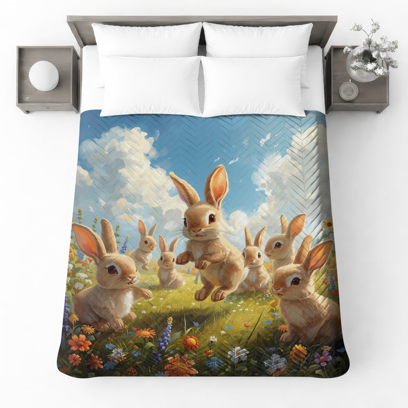 Couvre-lits matelassés Bunnies In Flower Meadow, Double