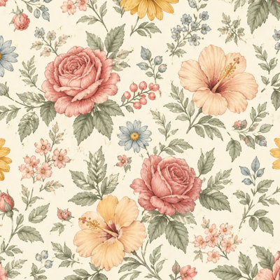 Peel and Stick Wallpaper Beige vintage floral rose Roses Hibiscus Daisies Cream Roses Contact Paper Removable Self Adhesive Wall Mural Wall Decor for Bedroom Kitchen Cabinets 17.7in x 118in