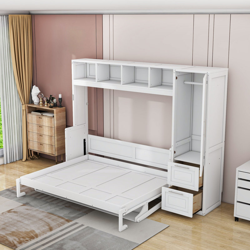 Lit escamotable Ajae avec bibliothèque de rangement, tiroirs et garde-robe, Blanc, Grand