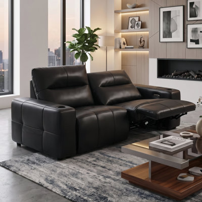 Causeuse inclinable électrique en cuir véritable avec ports de charge USB et porte-gobelets, noir