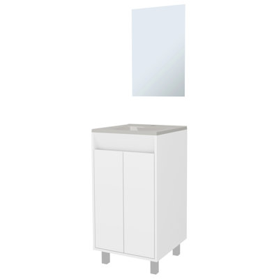 Armoire de salle de bain blanche avec 2 portes, lavabo intégré, pieds en métal allongés, pouces de H 34,1 po x l 17,8 po, portes d'organisation en panneau de particules et hauteur de 34,1 po de largeur, profondeur de 17,8 po, produit