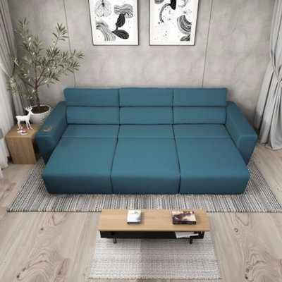 Fauteuil inclinable électrique 3 places avec système stéréo, chargement sans fil et poche latérale, idéal pour le salon, le cinéma maison ou un appartement. Profondeur personnalisable, relaxation zéro gravité, deux modes de commande, manuels.