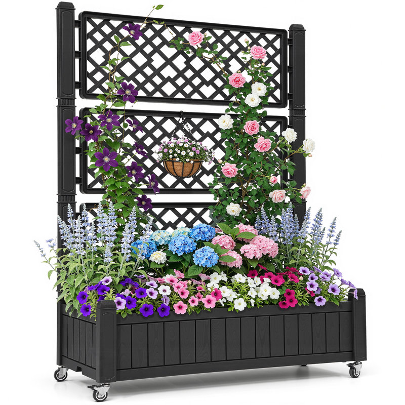 Resin Raised Garden Bed with Trellis, Black