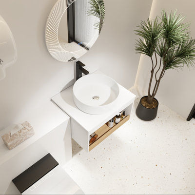 Floating Vanity with Round Ceramic Sink and Open Shelf