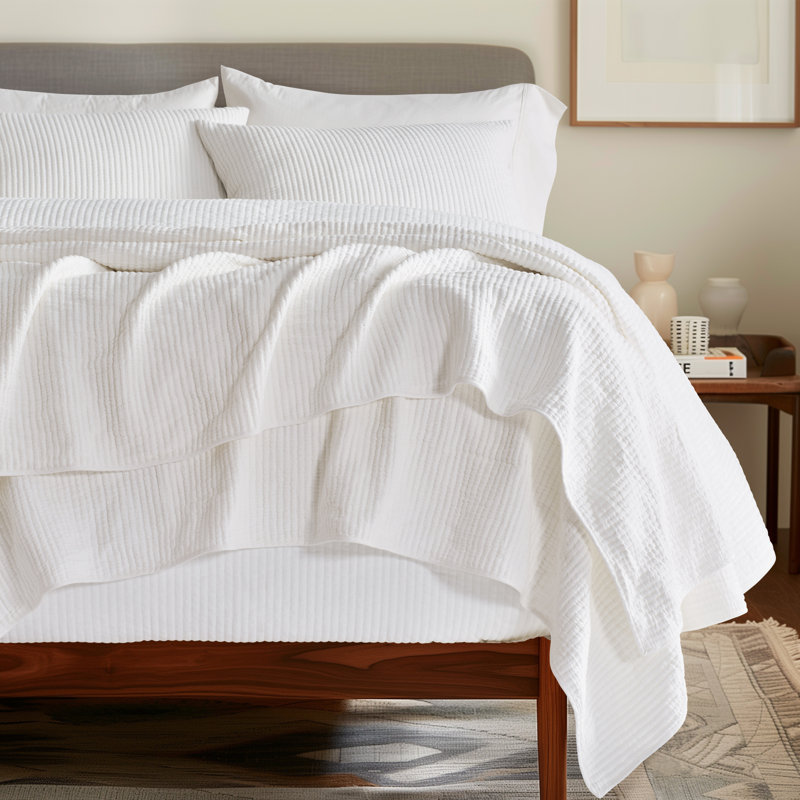 Ribbed Matelassé Cotton Coverlet Set, Bright White, Queen Quilt + 2 Queen Shams