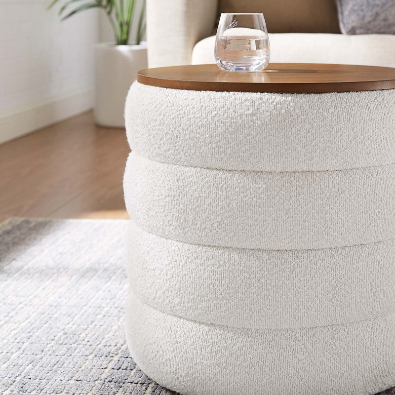 Cloud Boucle Fabric Round Storage Ottoman with Wood Grain Veneer Lid