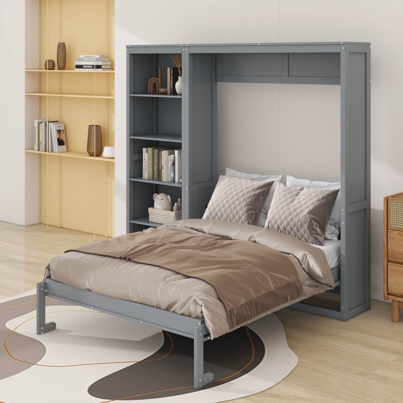 Grand lit escamotable avec tablettes, Gris